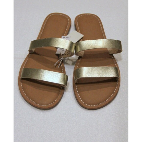 GAP Double Strap Flat Light Metallic Pale Gold Faux Leather Slides Sz 8 Sandal - Picture 2 of 4